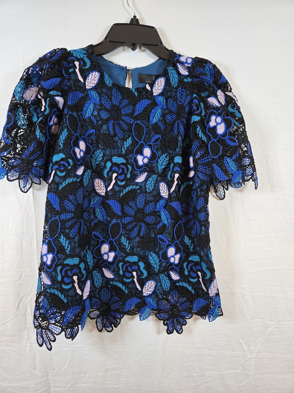 Floral Lace Short-Sleeve Blouse in Navy with Blue & Pink Accents